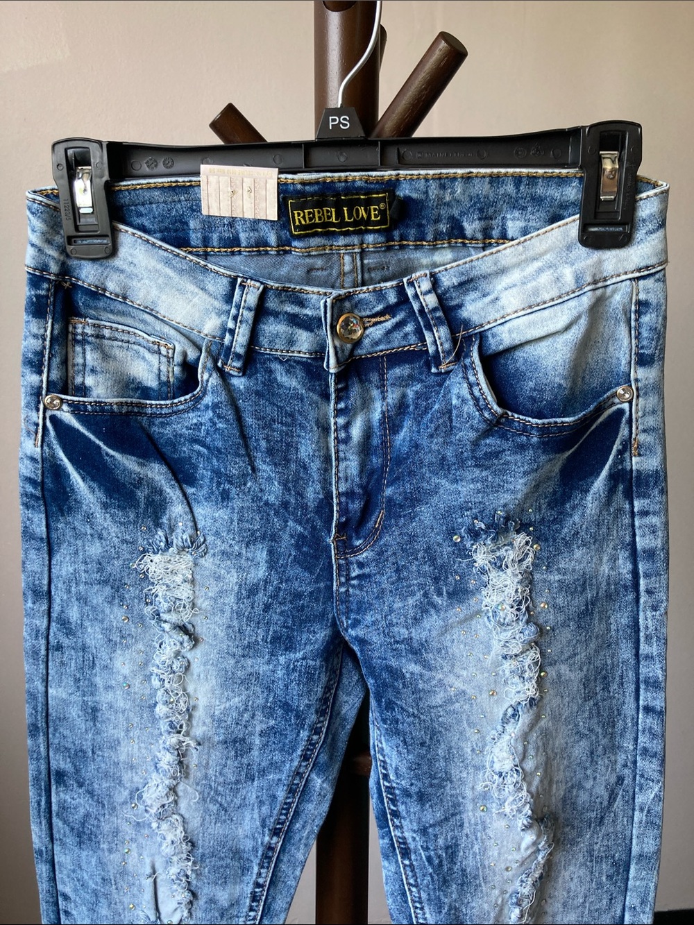 Rebel love jean distressed retro jean acid wash like color embellished 5 / 6 jr - Picture 4 of 17